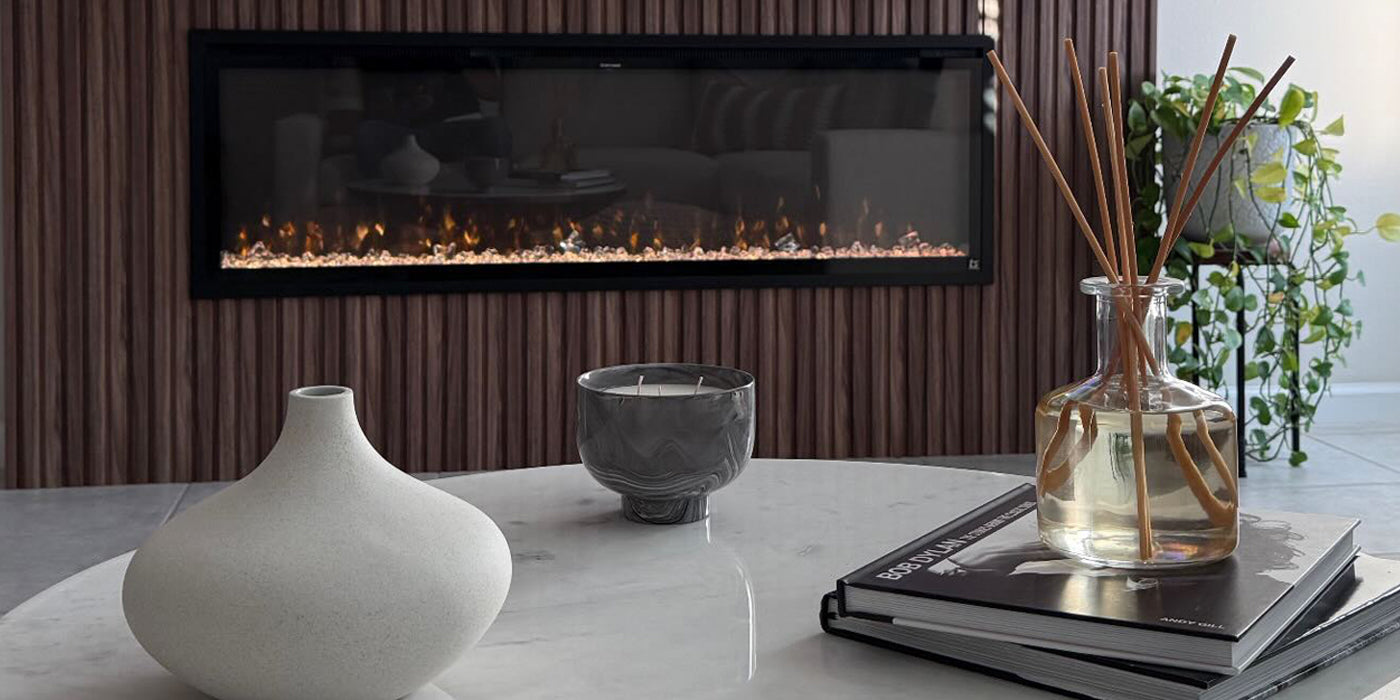 Touchstone Sideline Elite 60 Smart Electric Fireplace in modern slat wall with back lighting by Omega Home Remodeling, Sarasota, Florida