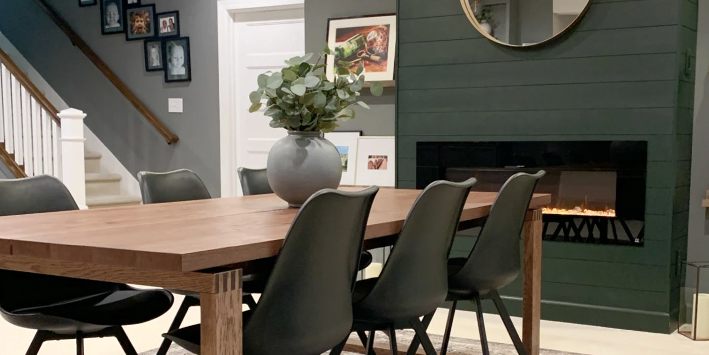 Touchstone AudioFlare Recessed Electric Fireplace in a finished basement  shiplap accent wall by @thriftydecorchick