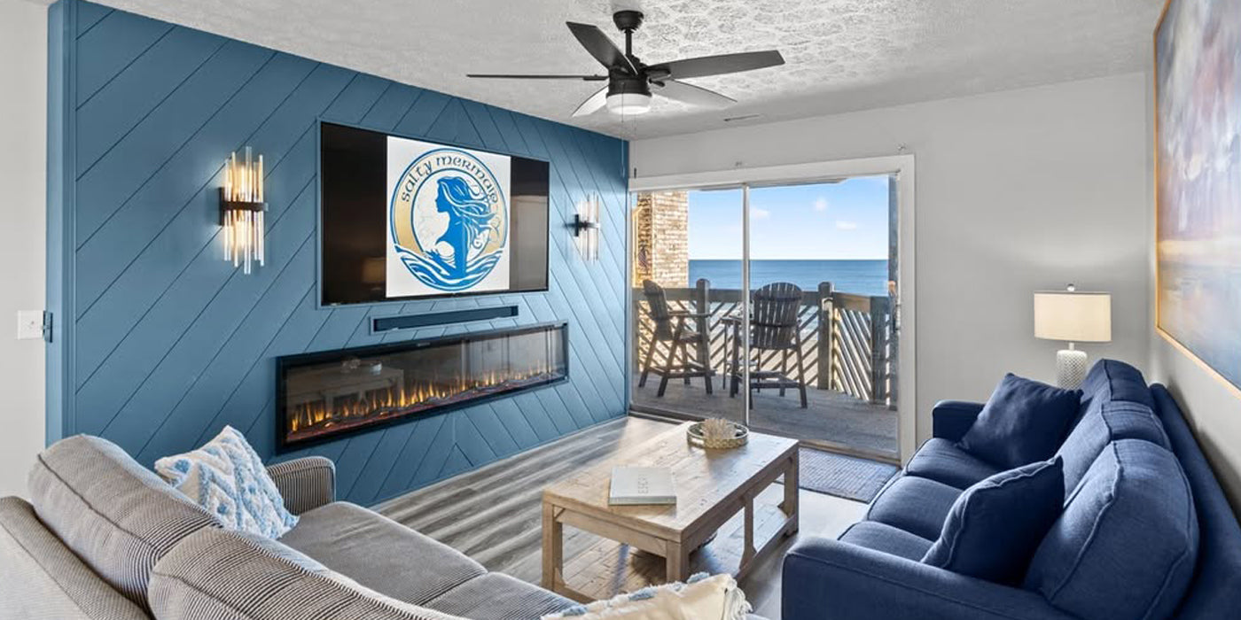 Touchstone Sideline Elite 84 Smart Electric Fireplace in Salty Mermaid beach rental South Carolina Palmetto and Birch