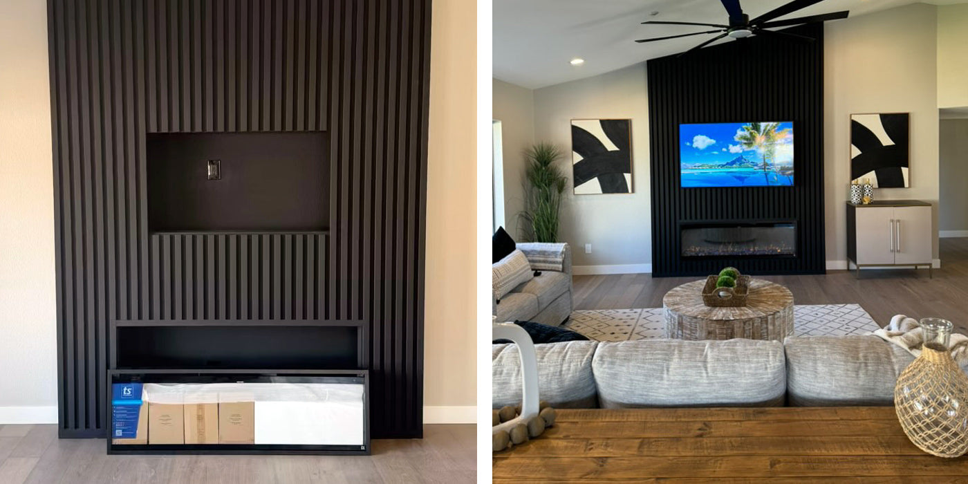 Touchstone Sideline Elite Pro Smart Electric Fireplace installed in a black slat wall by Accent Wall Designs, Scottsdale AZ