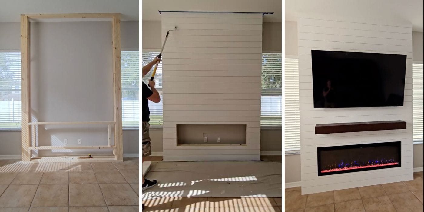 The progression of fireplace accent wall build by Radek Prestige Carpentry, Orlando FL featuring Touchstone Sideline Elite® Smart Electric Fireplace and Encase® Floating Shelf Mantel