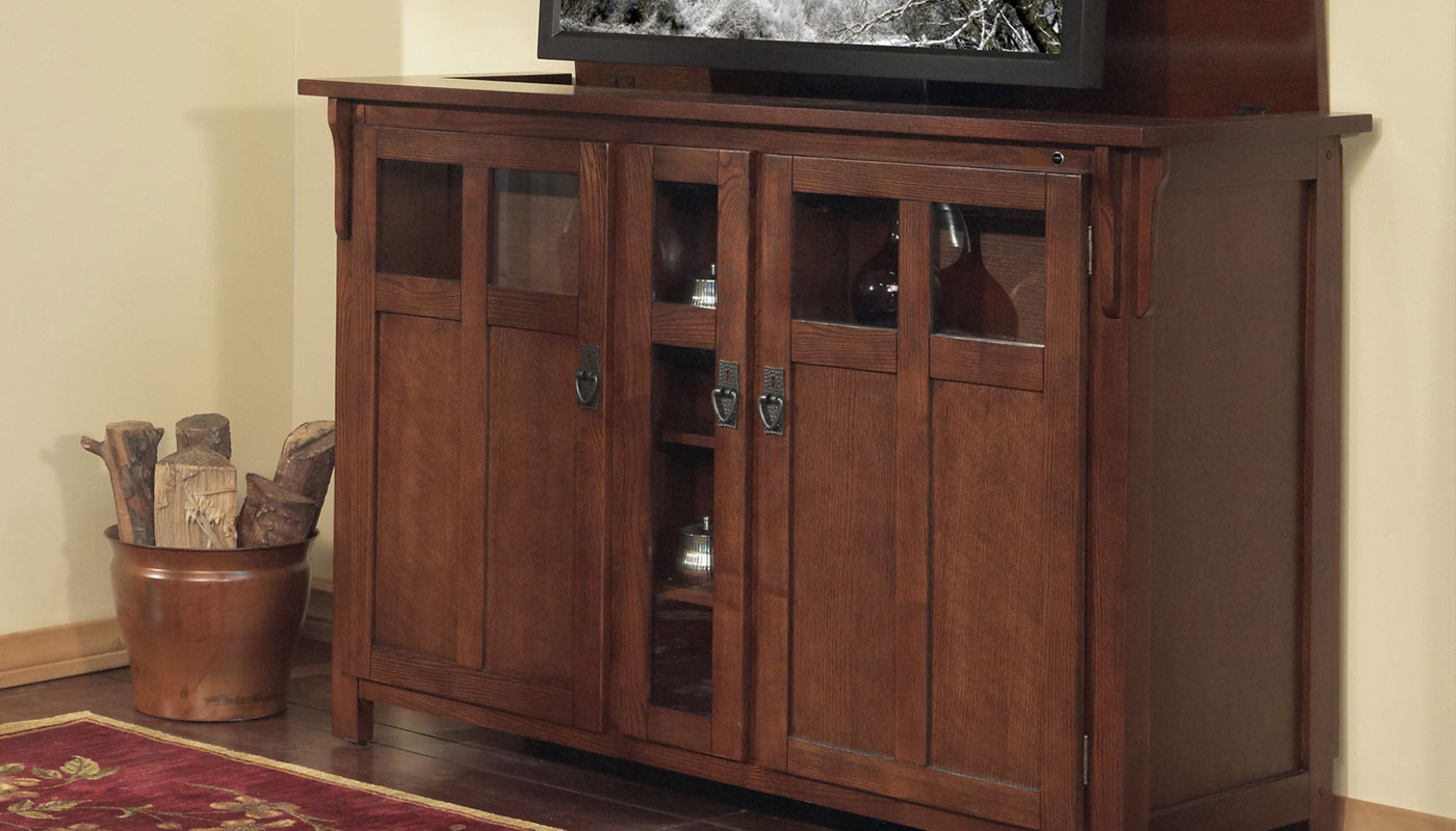 The Touchstone Bungalow TV Lift Cabinet tastefully hides a big screen television