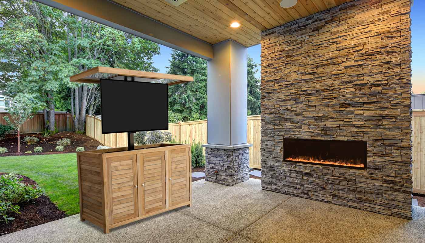 Touchstone TechTeak Outdoor TV Lift Cabinet and Sideline Elite Outdoor Smart Electric Fireplace in outdoor living space