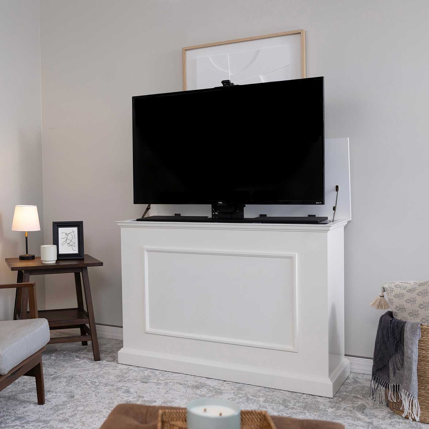 Touchstone Elevate 72015 TV Lift pictured in a living room with the cabinet opened fully.