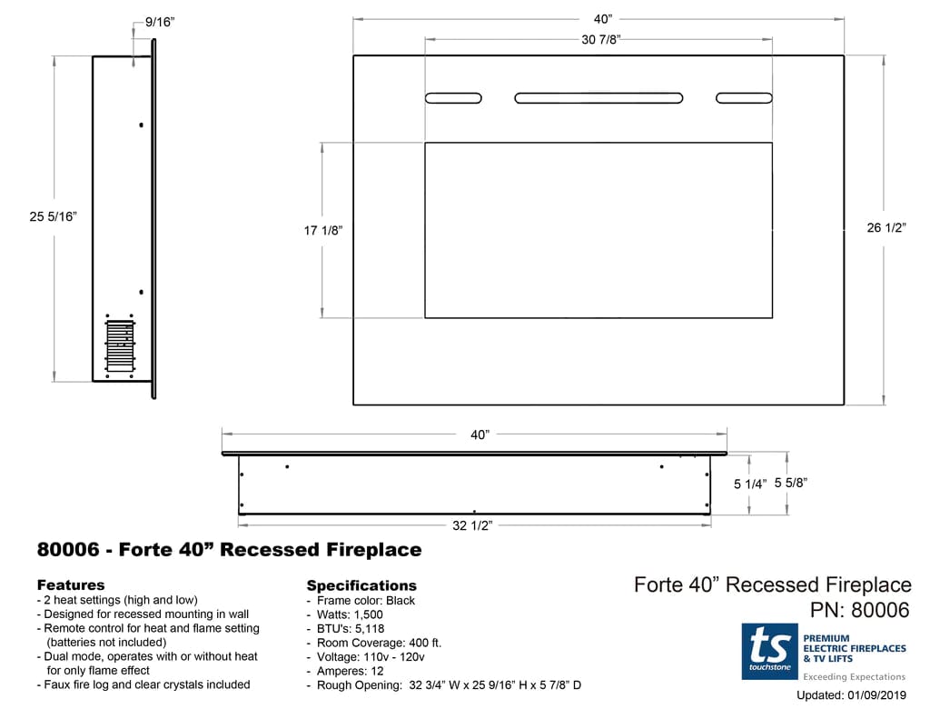 The Forte 40 Inch Recessed Smart Electric Fireplace 80006 dimensional line drawing specifications