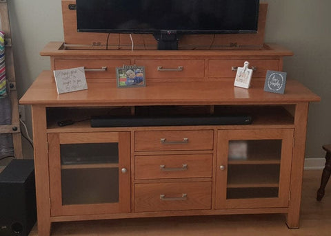 Touchstone Whisper Lift II TV lift in a custom built cabinet by customer JIm