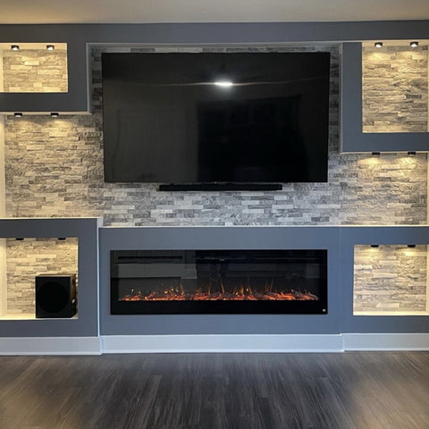 Touchstone Sideline 72 Electric Fireplace in built in gray shelves