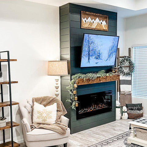 Touchstone Sideline 50 Electric Fireplace in bump out dark gray shiplap accent wall by @mollynicolexo