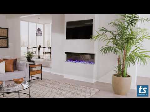 Video featuring a Touchstone Sideline Infinity 3 Sided Smart Electric Fireplace in a simple bump out wall