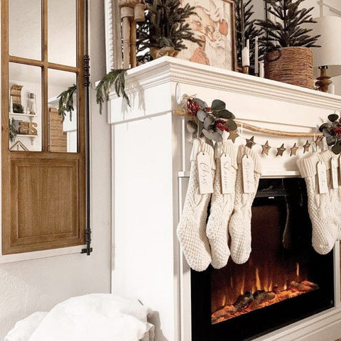 Touchstone Forte Electric Fireplace with holiday decor in white built in mantel
