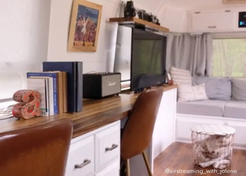 Whisper Lift™ PRO TV Lift Mechanism installed in a custom cabinet by @airstreaming_with_jolene
