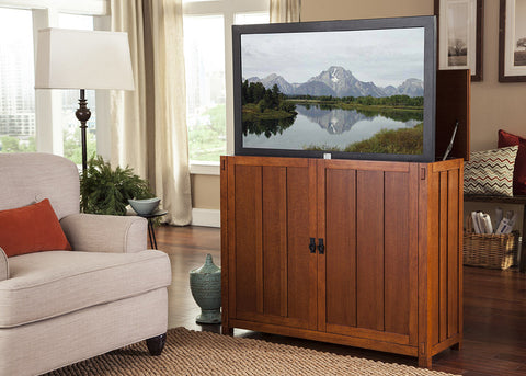 Space saver Touchstone Elevate Mission TV Lift Cabinet as a room divider