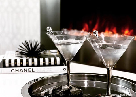 Touchstone Onyx Stainless Electric Fireplace in elegant view for entertaining photo credit @thesuburbanstylist