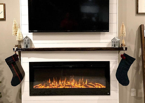 Touchstone Sideline Electric Fireplace with shiplap and live edge mantel