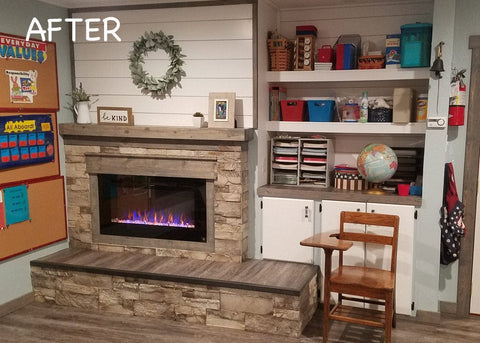 The Touchstone Sideline 40 cool to the touch electric fireplace transforms this home classroom