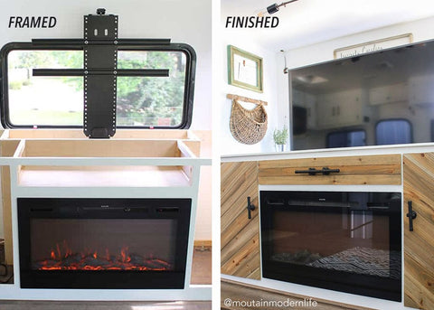 Touchstone Whisper Lift TV Lift Mechanism and Sideline 36 Electric Fireplace in a compact media cabinet by RV lifestyle experts Modern Mountain Life