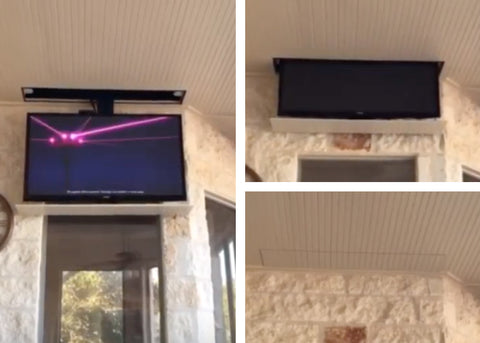 Touchstone Whisper Lift TV Lift Mechanism installed in porch ceiling