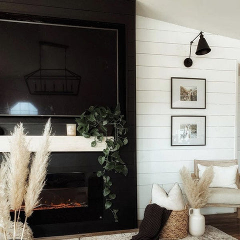 Black shiplap wall with Touchstone Onyx Electric Fireplace by @themamabirdd