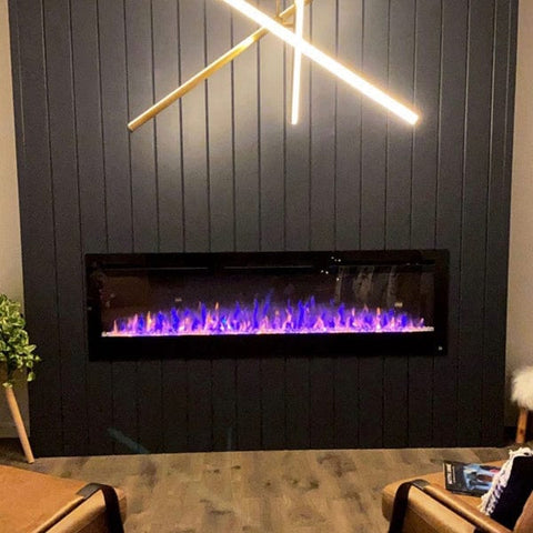 Touchstone Sideline 72 Electric Fireplace in dark gray paneled wall by @samborambo1
