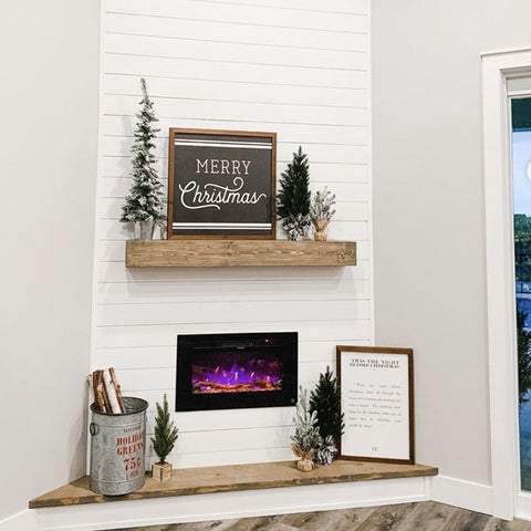 Touchstone Sideline Electric Fireplace in corner wall by @the.crafted.woodshop
