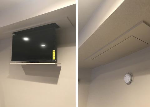 Touchstone Whisper Lift TV Lift Mechanism in a ceiling dropdown TV installation.