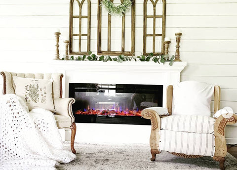 Touchstone Sideline 50 Electric Fireplace with shiplap wall by @fallons.homestead
