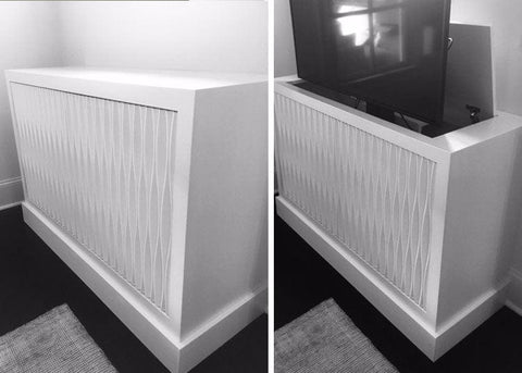 Touchstone SlimLift Pro TV Lift in a custom built cabinet with hidden hinges
