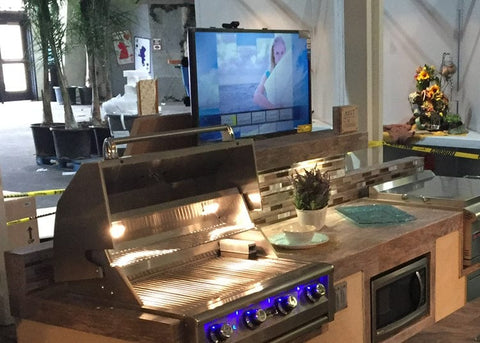 Whisper Lift II TV Lift Mechanism Built into the outside patio countertop, the Whisper Lift II raises the TV into view. Photo credit: Tropicana Outdoor Living
