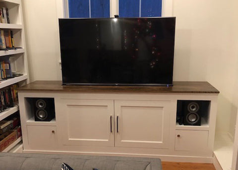 Customer Dan U. builds a custom TV lift cabinet featuring the Touchstone Whisper Lift II TV lift.