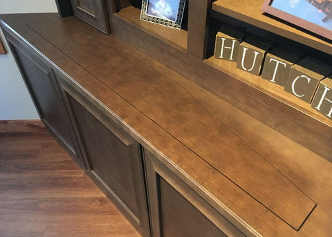 Whisper Lift II TV Lift Mechanism A close up of customer Scott's custom built TV lift cabinet, showing the lid.