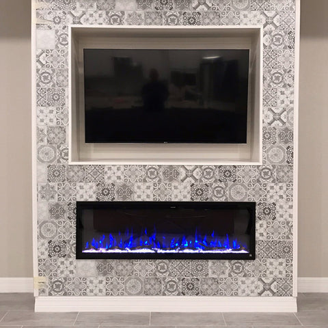 Touchstone Sideline Elite Electric Fireplace with recessed TV in tile wall
