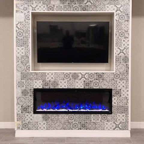 Touchstone Sideline Elite Electric Fireplace with recessed TV in tile wall