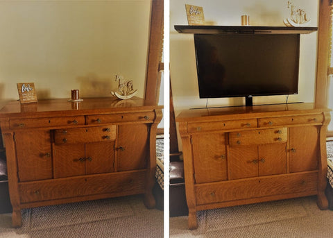 Touchstone SRV TV Lift installed in a repurposed bedroom dresser