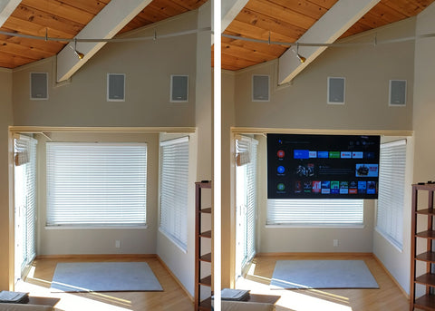 Clever drop down ceiling install of the Touchstone Whisper Lift Pro TV Lift  to use the space in front of a window by Blossom Hill TV