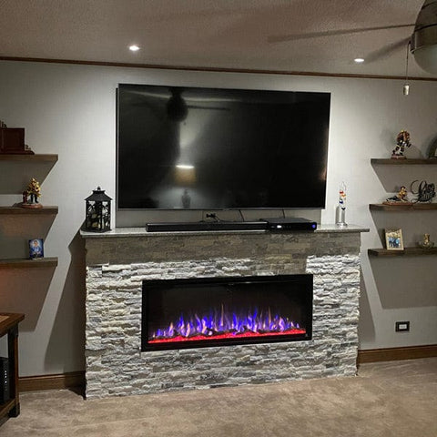 Touchstone Sideline Elite Electric Fireplace in stone mantel with reclaimed wood