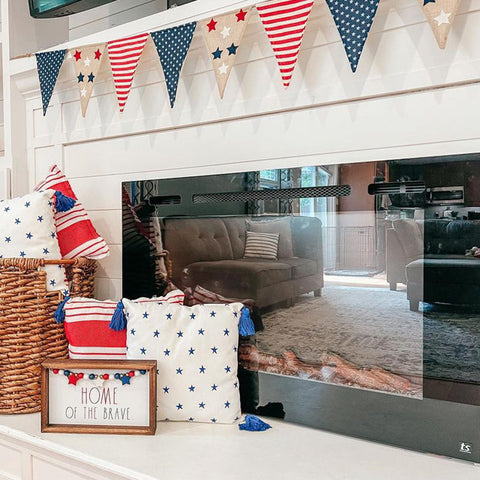 Touchstone Sideline 28 Electric Fireplace decorated for the 4th of July by @adamspartyofsix