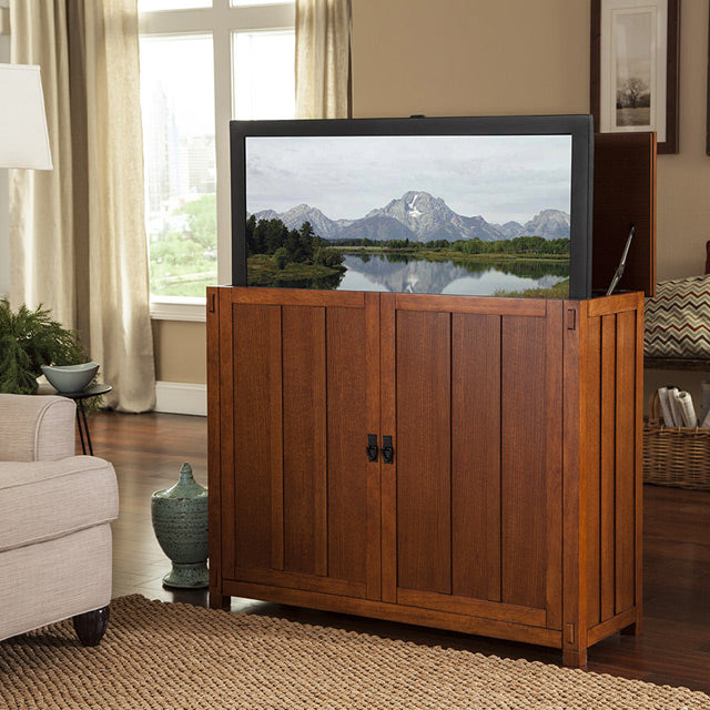 Touchstone Elevate Mission TV LIft Cabinet positioned in front of a window