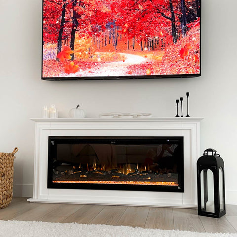 Touchstone Encase Freestanding Mantel with Sideline Elite 50 Smart Electric Fireplace in living room decorated for fall by @karinabbingham