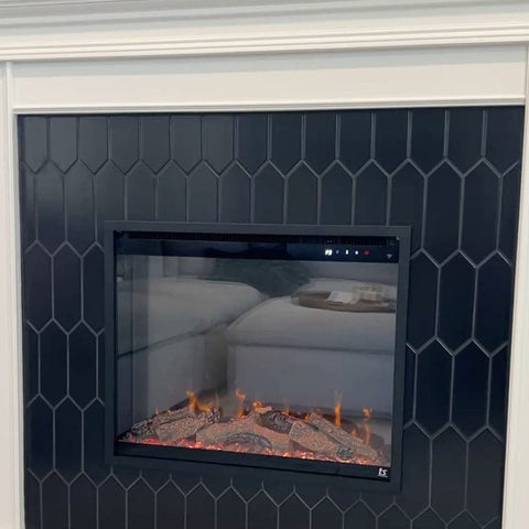 Touchstone Fireplug Pro Smart Electric Fireplace Insert in black tile wall by @aaronzahorka