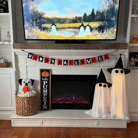Sideline Electric Fireplace decorated for Halloween @adamspartyofsix