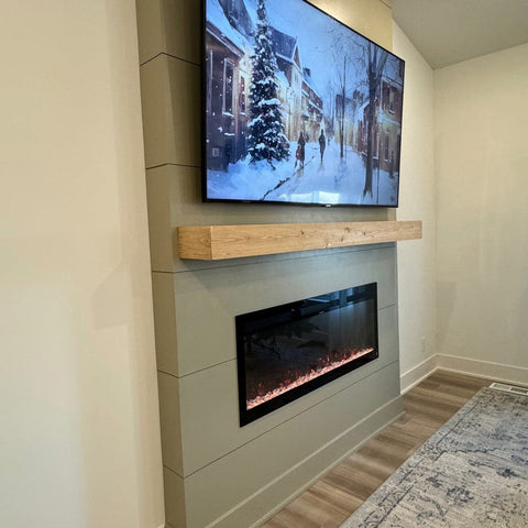 Touchstone Sideline Fury 50 Smart Electric Fireplace and Encase 72 Floating Shelf Mantel Unfinished side view photo credit @thehouseforhosting