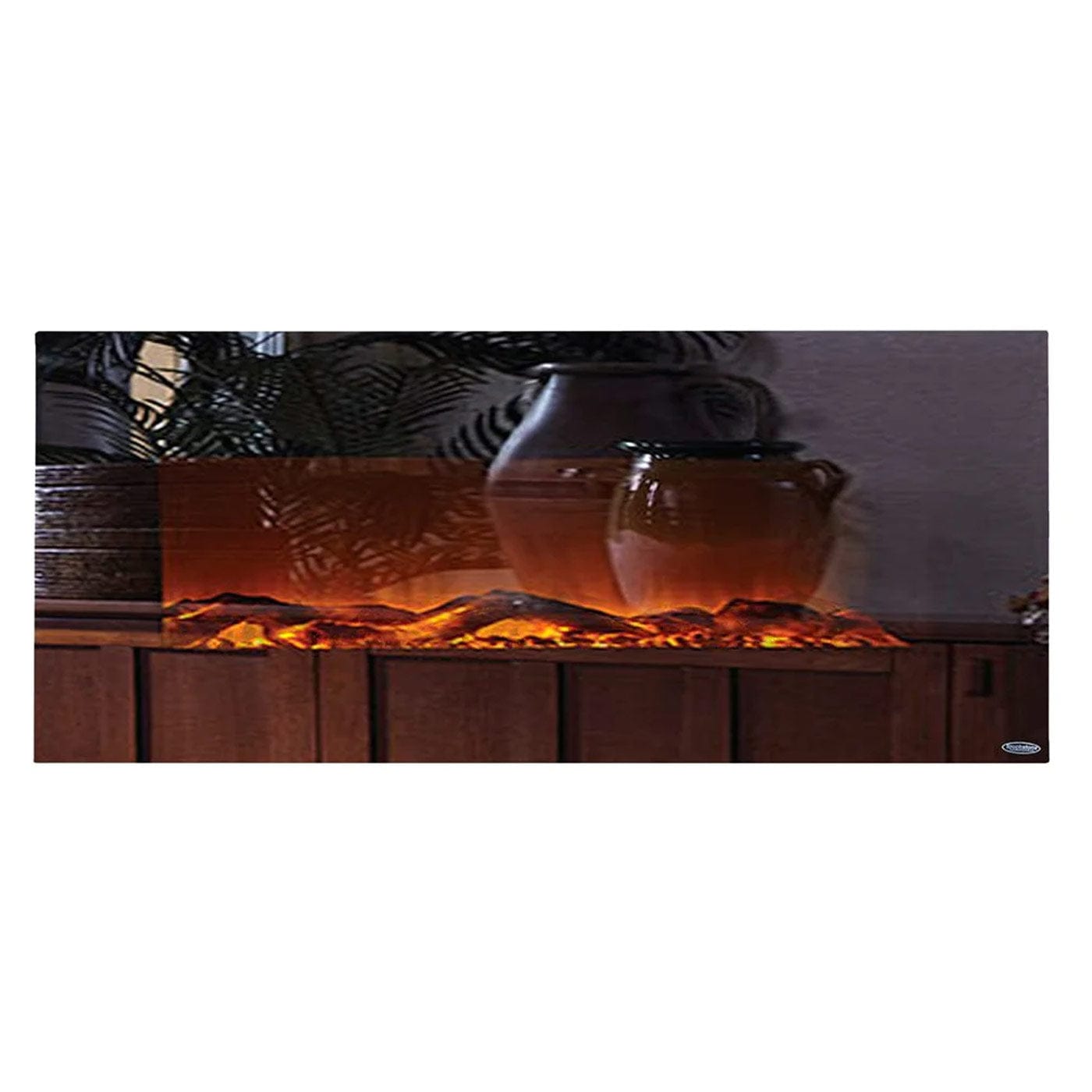 Touchstone Onyx Mirror Front Wall Mount Electric Fireplace showing mirror reflection