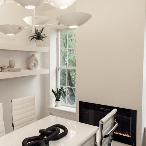 Touchstone Sideline 36 Smart Electric Fireplace in monochrome office by @sensitivedesignbuild