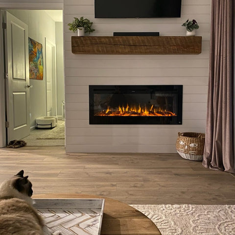 Touchstone Sideline 50 Smart Electric Fireplace in white shiplap wall by Red's Designs LLC St. Augustine FL