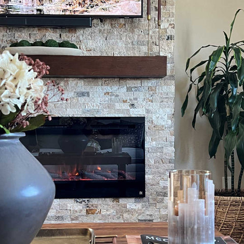 Touchstone Sideline 50 Smart Electric Fireplace and Encase Floating Shelf Mantel in brick wall by @50_shades_of_neutral