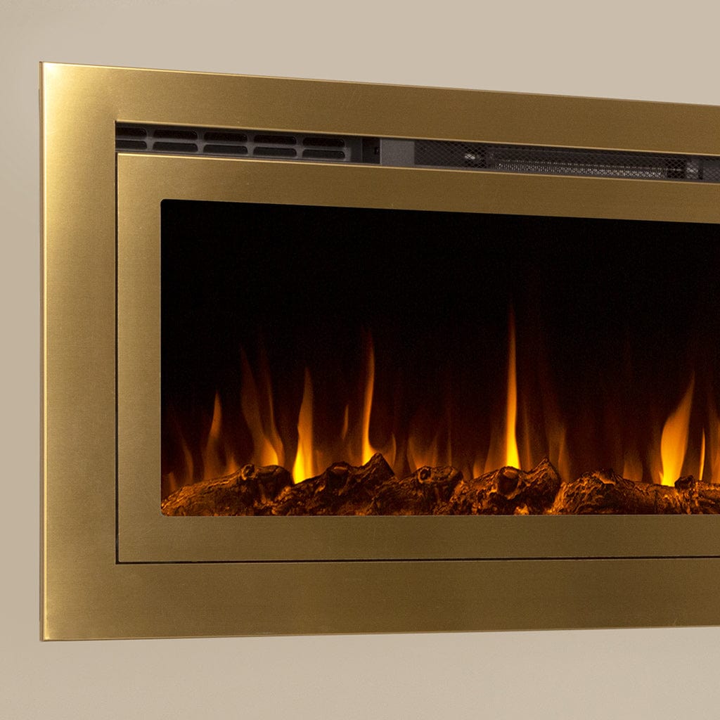 Closeup of the Touchstone Sideline Deluxe® Smart Electric Fireplace LED flame display, shown with orange flames, faux logs and gold frame.