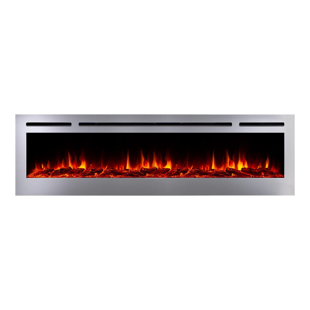 Sideline Deluxe Stainless Steel 72 inch electric fireplace on white with orange flames and logset