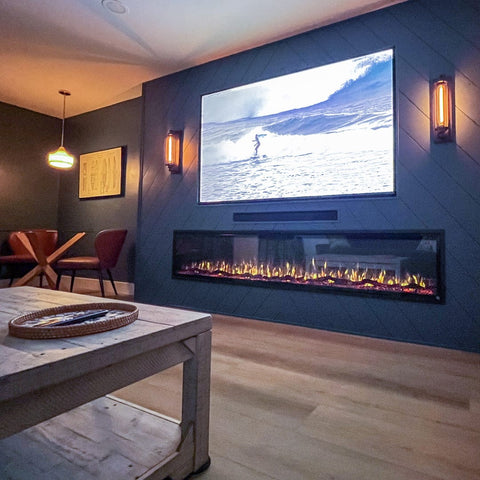 Touchstone Sideline Elite 100 Smart Electric Fireplace featured in beach vacation home by Palmetto and Birch