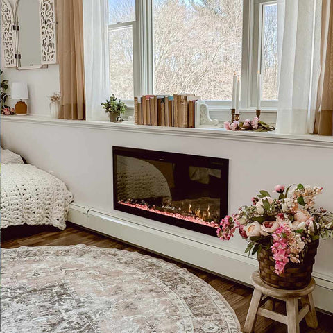 Touchstone Sideline Elite 42 Smart Electric Fireplace in accent wall under window by @designed.to.love