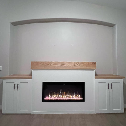 Touchstone Sideline Elite 50 Smart Electric Fireplace in alcove with ash hardwood mantel by Rust and Oak, Arizona